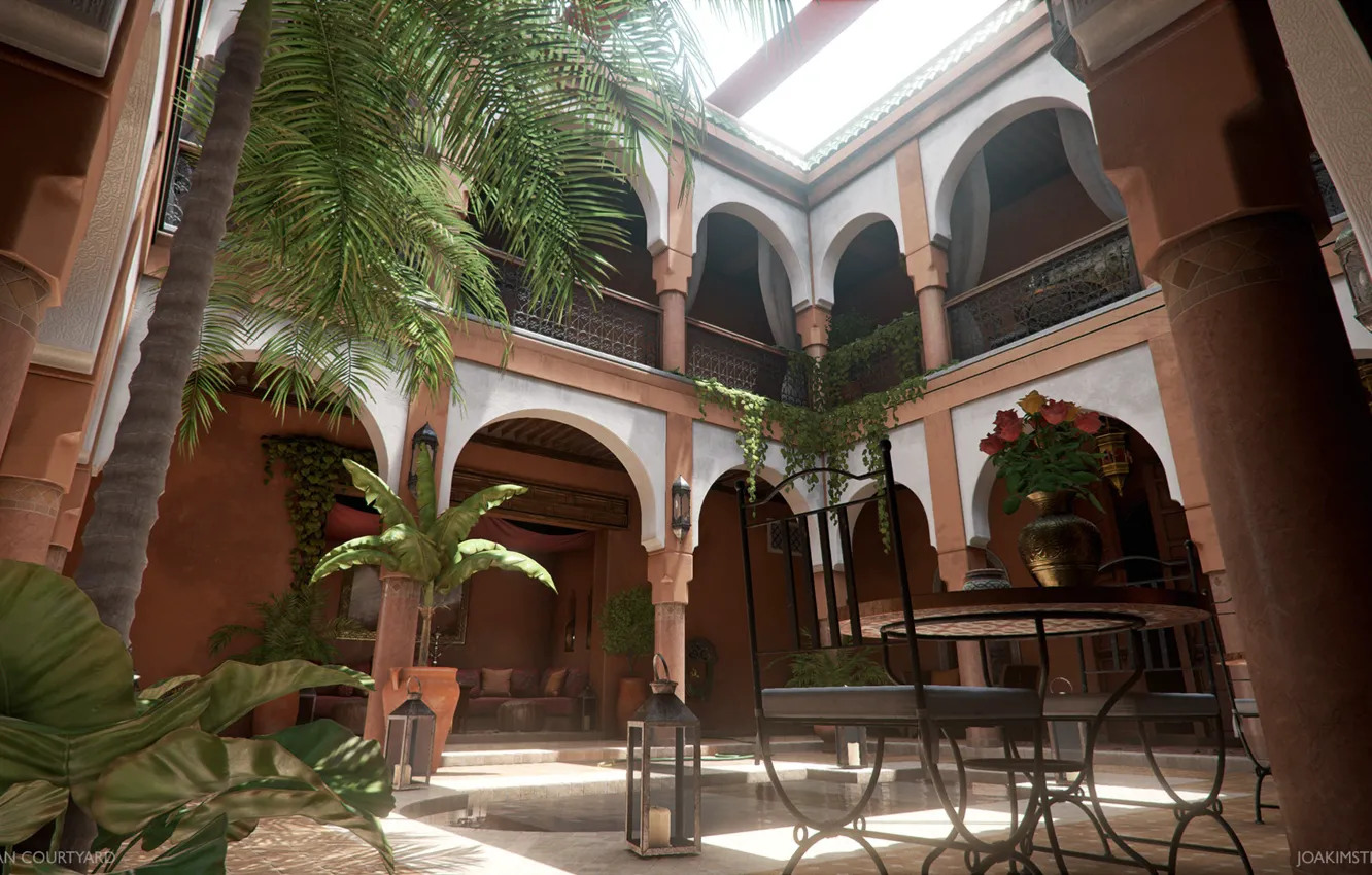 Фото обои пальмы, стол, стулья, двор, Moroccan Courtyard