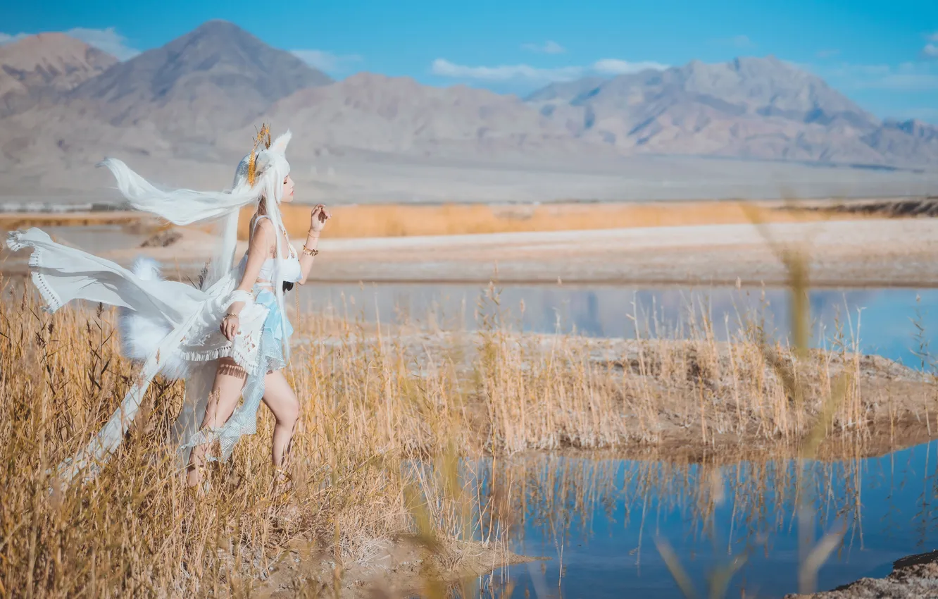 Фото обои Sky, Beautiful, Asian, Model, Water, Mountain, Woman, Summer