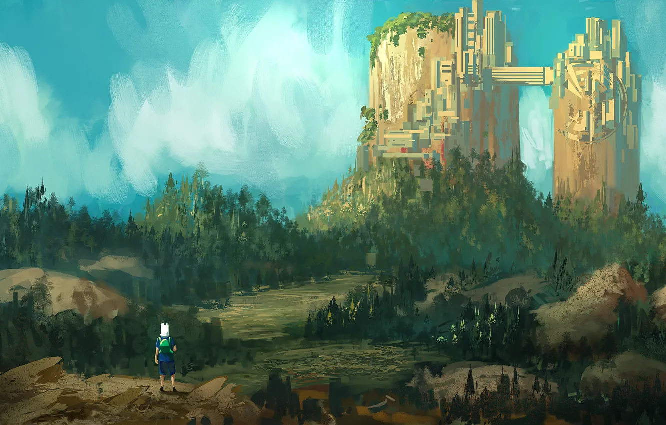 Фото обои лес, арт, время приключений, Adventure time, парнишка, город-гора, Finn