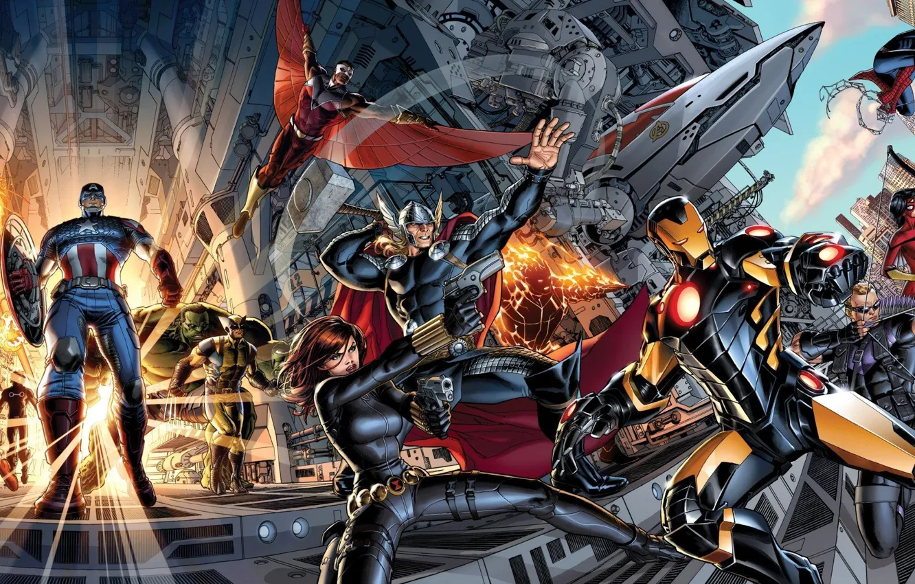 Фото обои Iron Man, Marvel, Captain America, Thor, Black Widow, Мстители, Spider-Man, Avengers