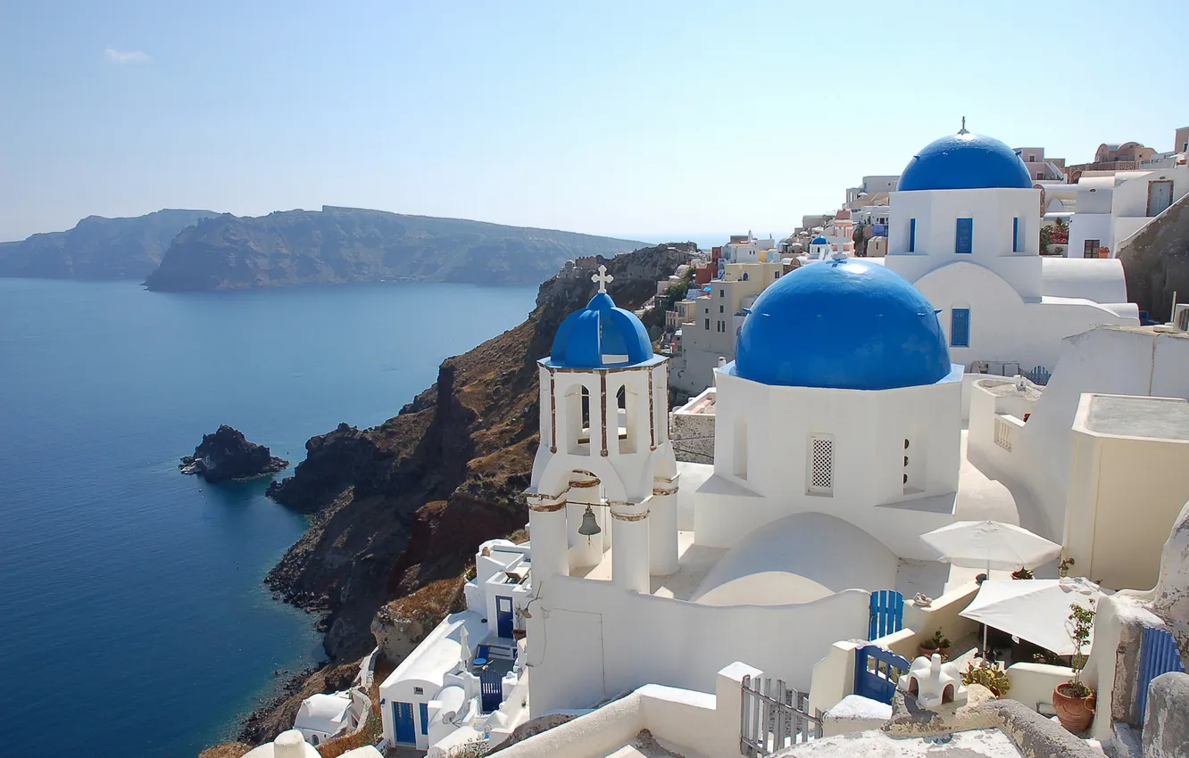 Фото обои скалы, побережье, Санторини, Греция, церковь, Santorini, Oia, Greece