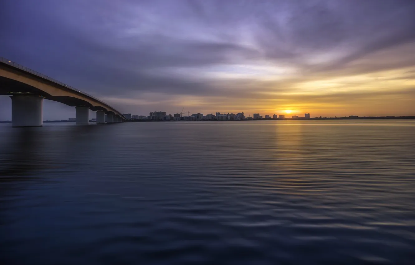 Фото обои закат, мост, город, Sarasota