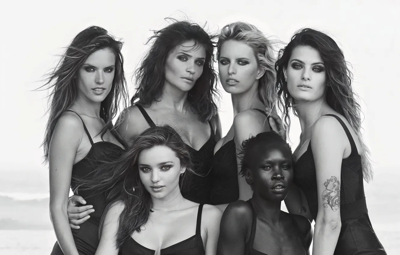 Фото обои Alessandra Ambrosio, Helena Christensen, girls, monochrome, Isabeli Fontana, models, Miranda Kerr, Karolina Kurkova