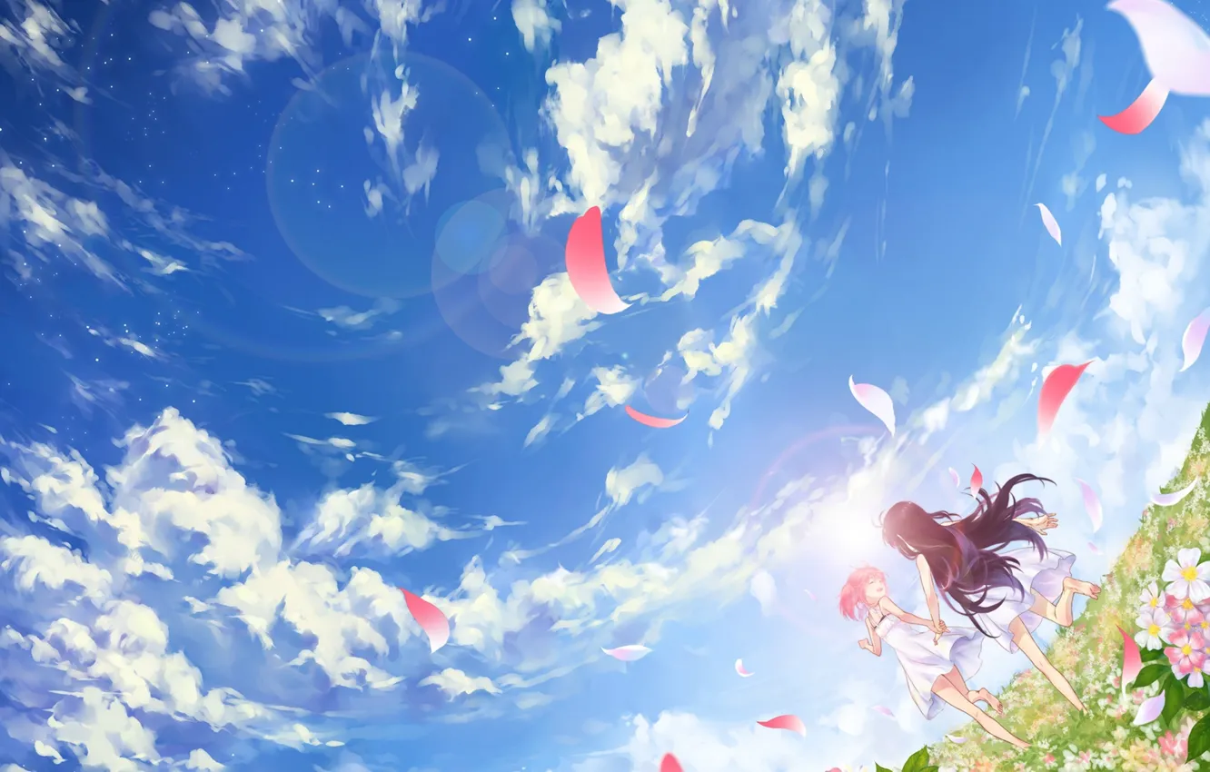 Фото обои поле, небо, облака, цветы, улыбка, босиком, лепестки, две девушки