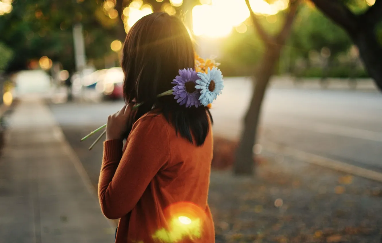Фото обои фиолетовый, девушка, солнце, лучи, цветы, оранжевый, город, фон