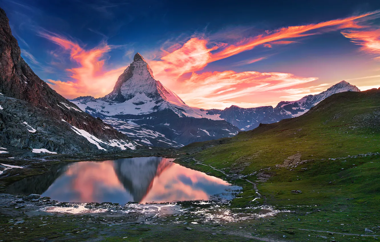 Фото обои озеро, рассвет, гора, Switzerland, Matterhorn