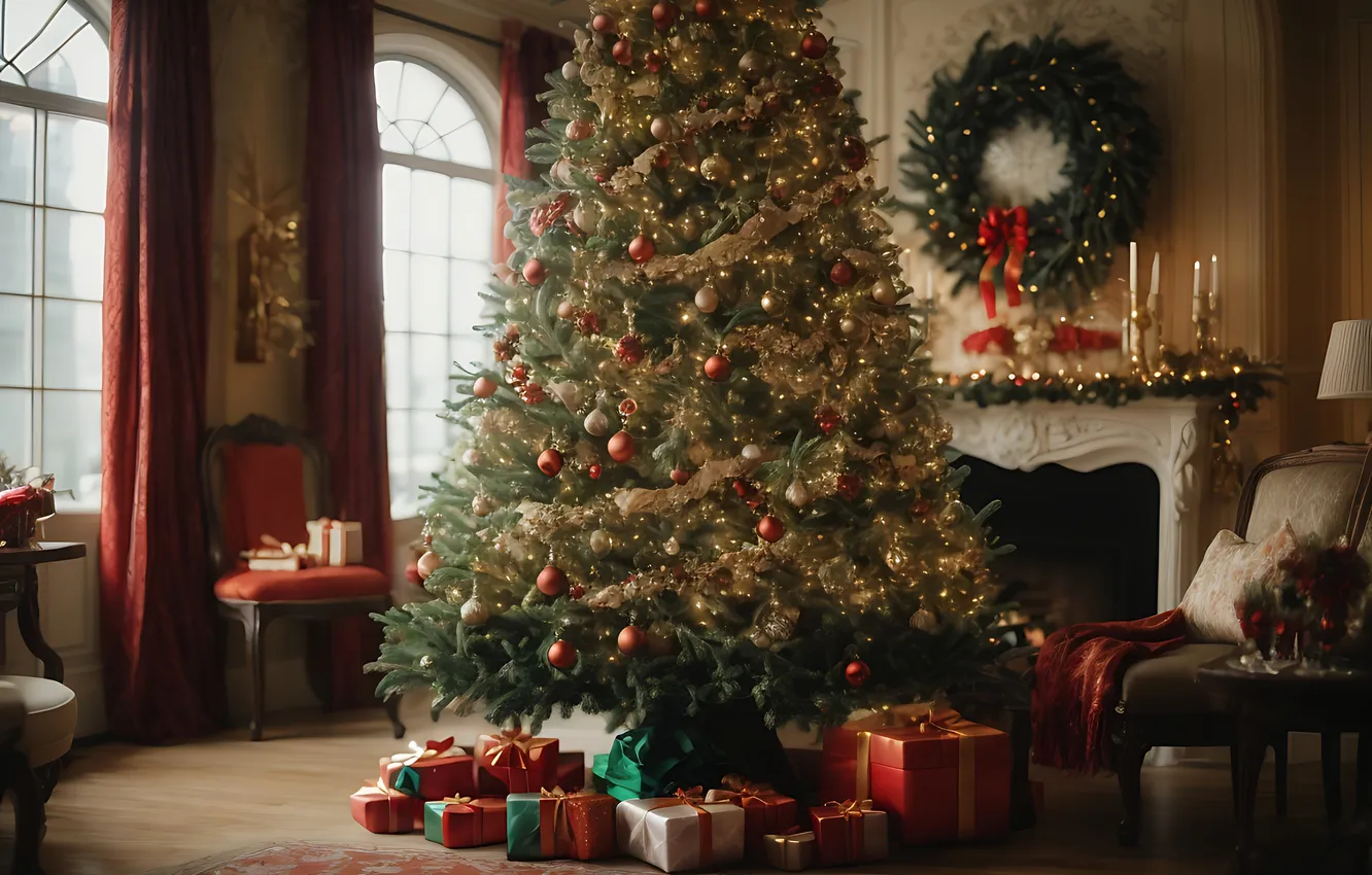 Фото обои украшения, комната, елка, интерьер, Рождество, подарки, Новый год, Christmas