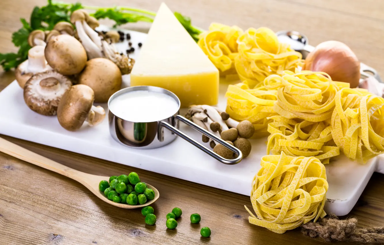 Фото обои грибы, сыр, горох, mushrooms, cheese, макароны, pasta