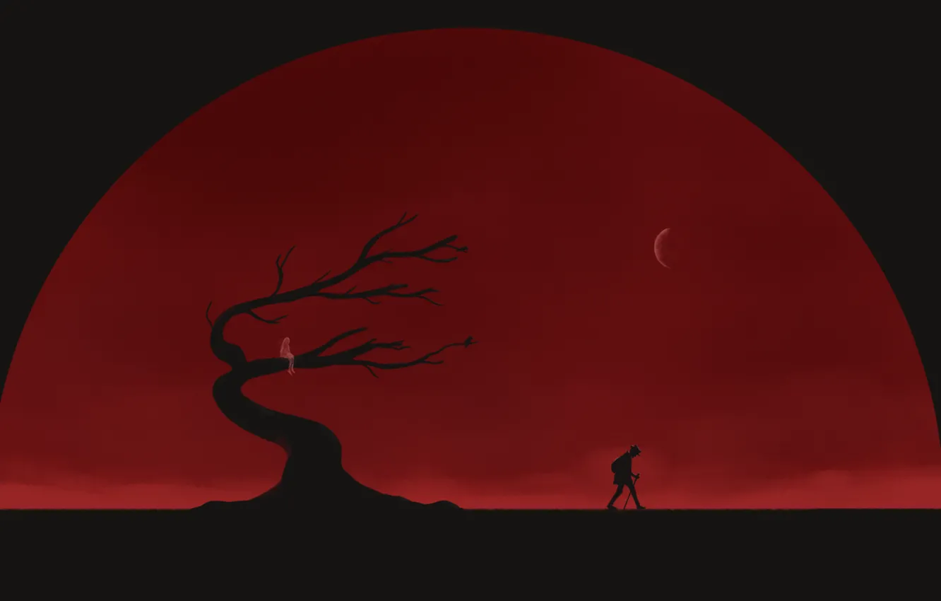 Фото обои дерево, луна, путник, красный фон