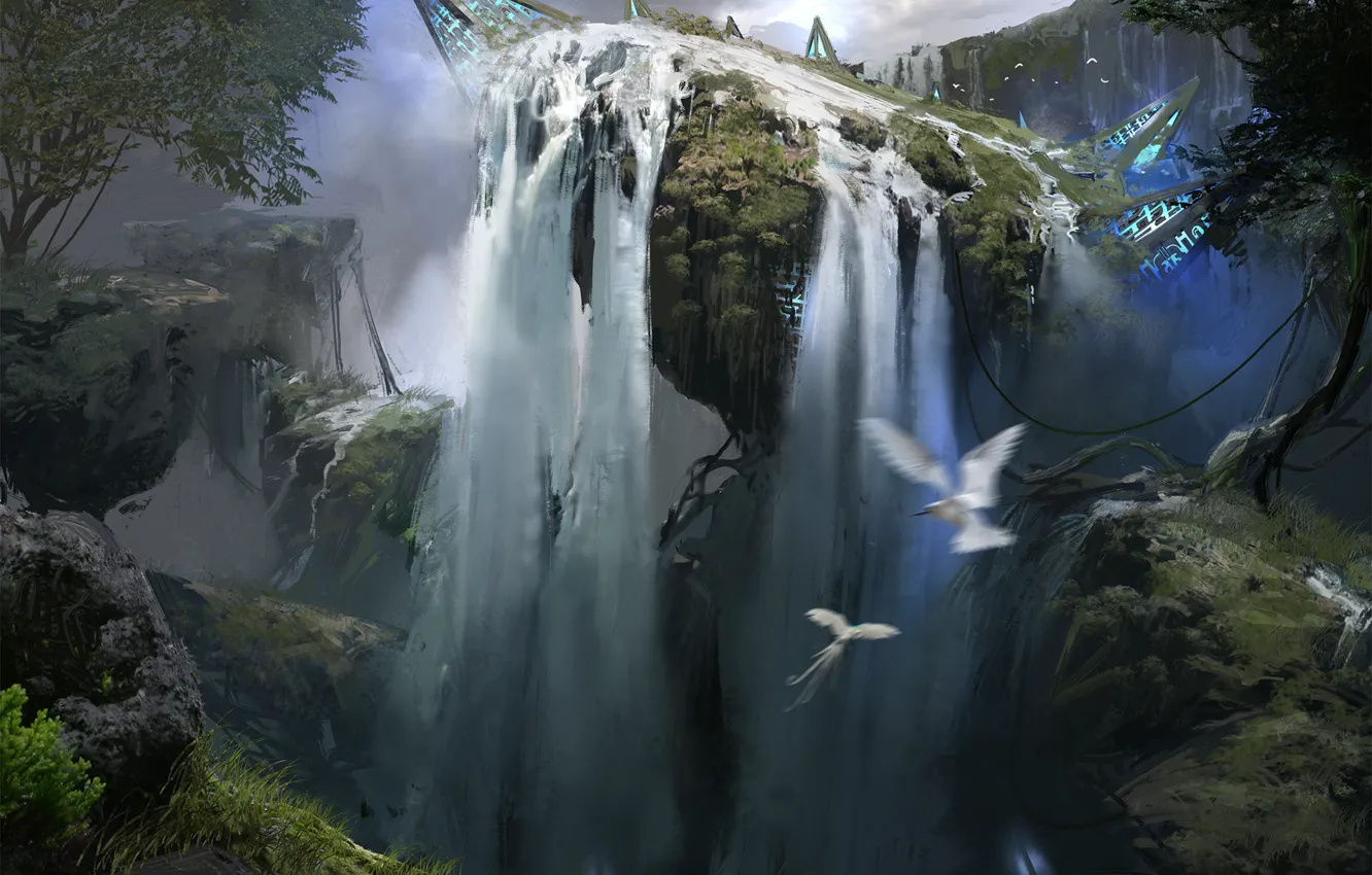 Фото обои птицы, природа, фантастика, водопад, арт