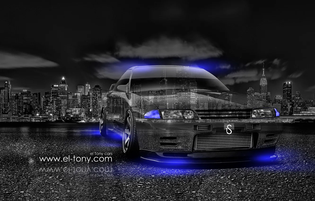Фото обои -Car, -Crystal, -City, -2014-Blue, Nissan-Skyline, -GTR, -R32