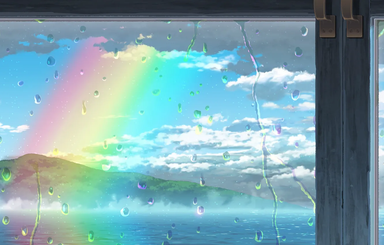 Фото обои море, капли, радуга, окно, после дождя