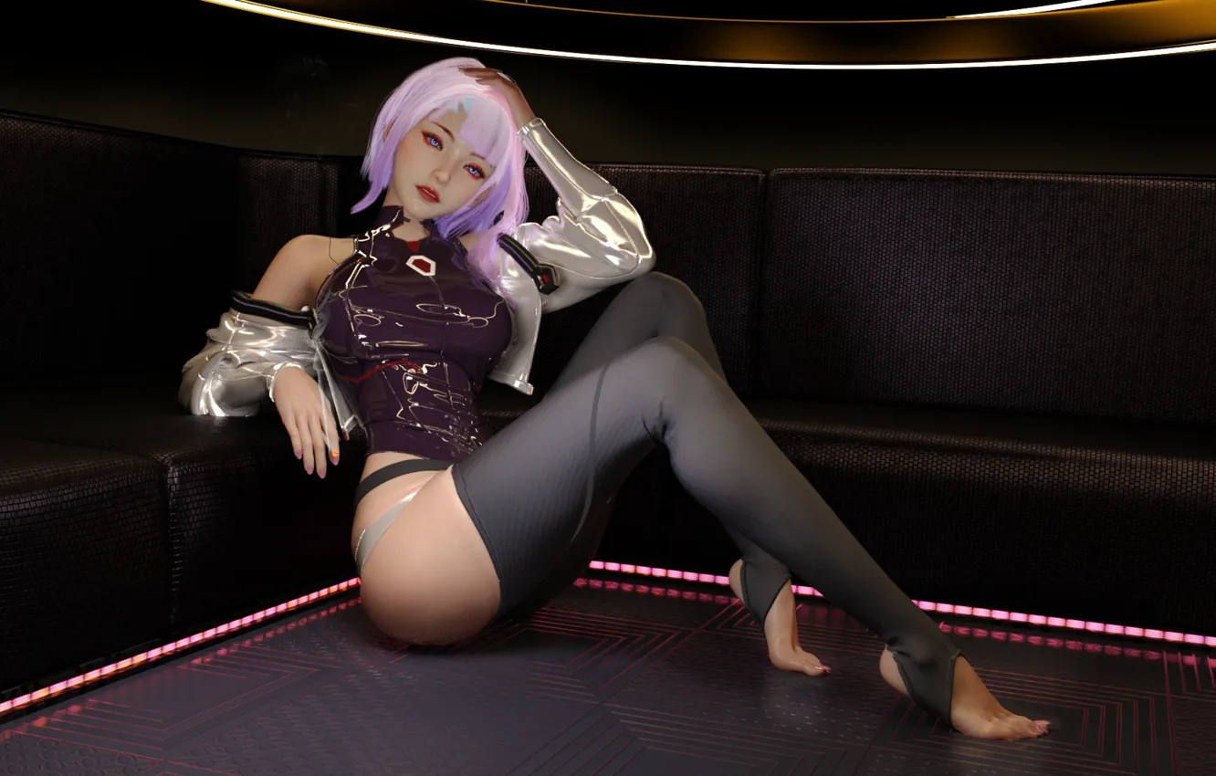 Фото обои smoking, pink hair, bodysuit, blue eyes, women, artwork, sitting, couch