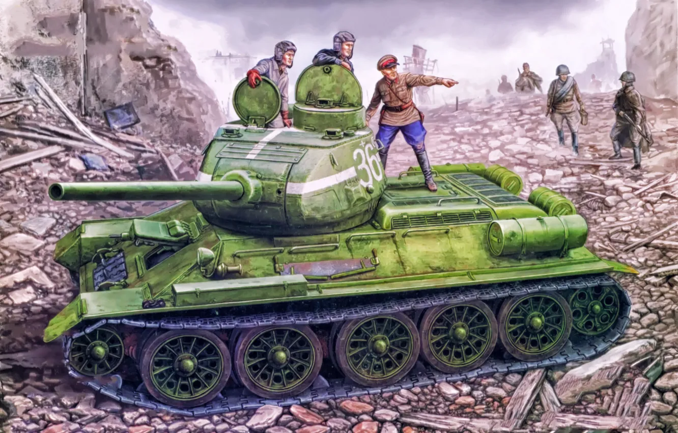 Фото обои war, art, painting, tank, ww2, russian tank, T-34/85