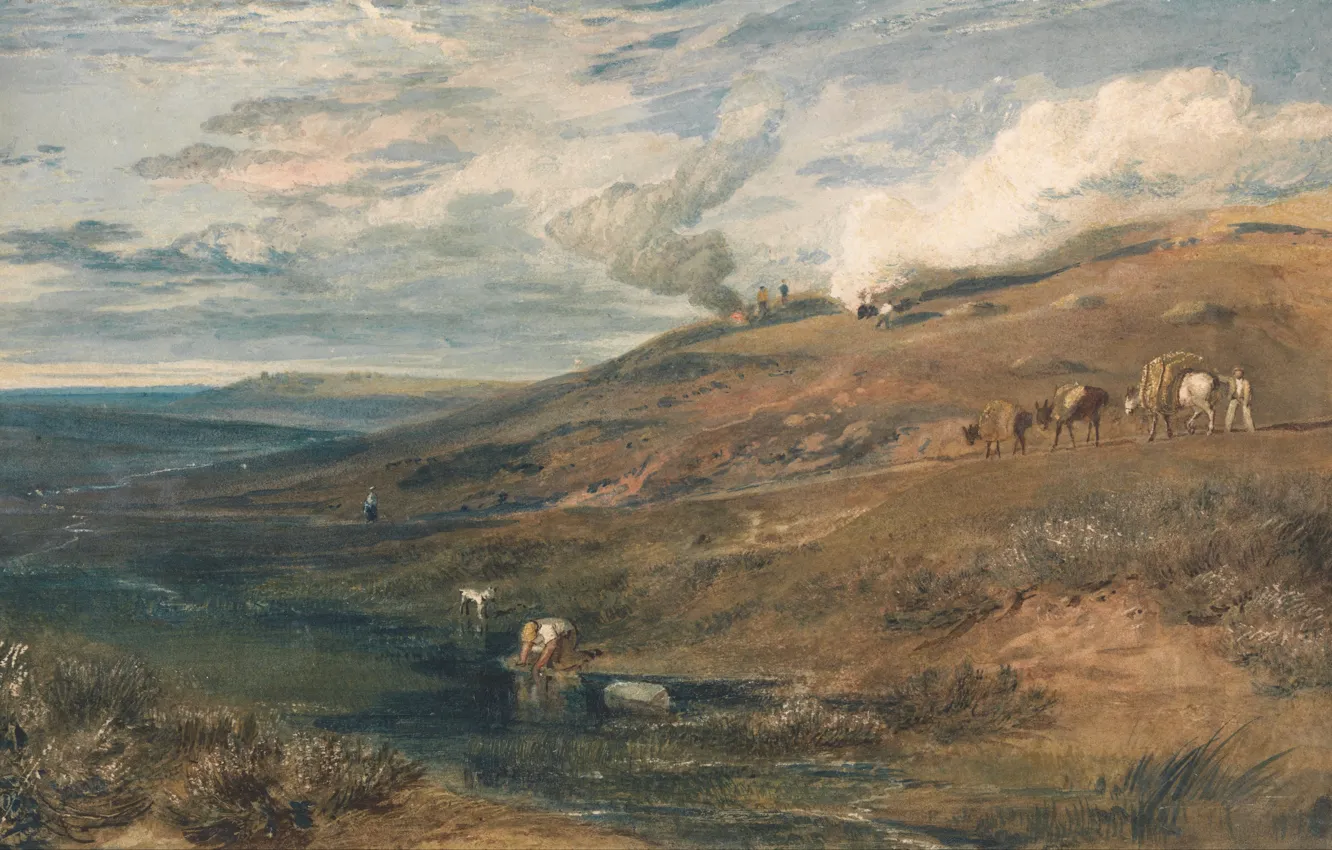 Фото обои пейзаж, река, ручей, холмы, картина, Уильям Тёрнер, Dartmoor - The Source of the Tamar and …