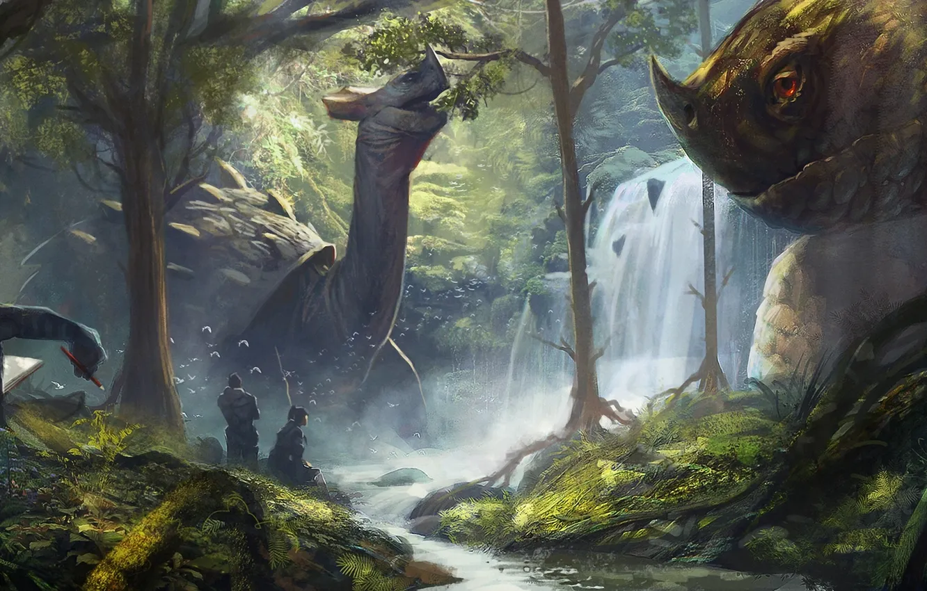 Фото обои лес, река, люди, водопад, арт, динозавры