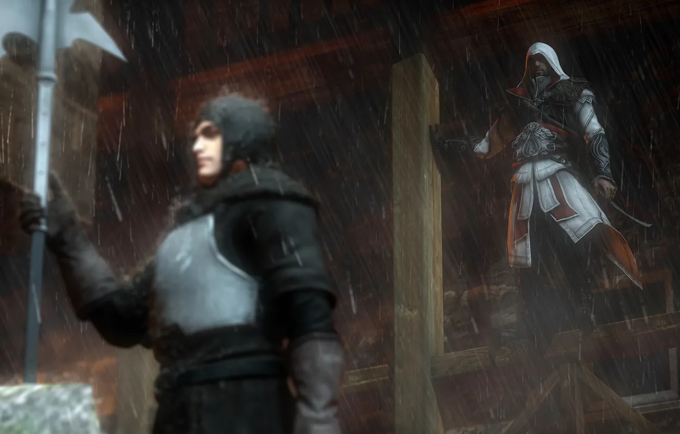 Фото обои рендеринг, дождь, капюшон, Assassin's Creed, ezio, Ezio Auditore da Firenze