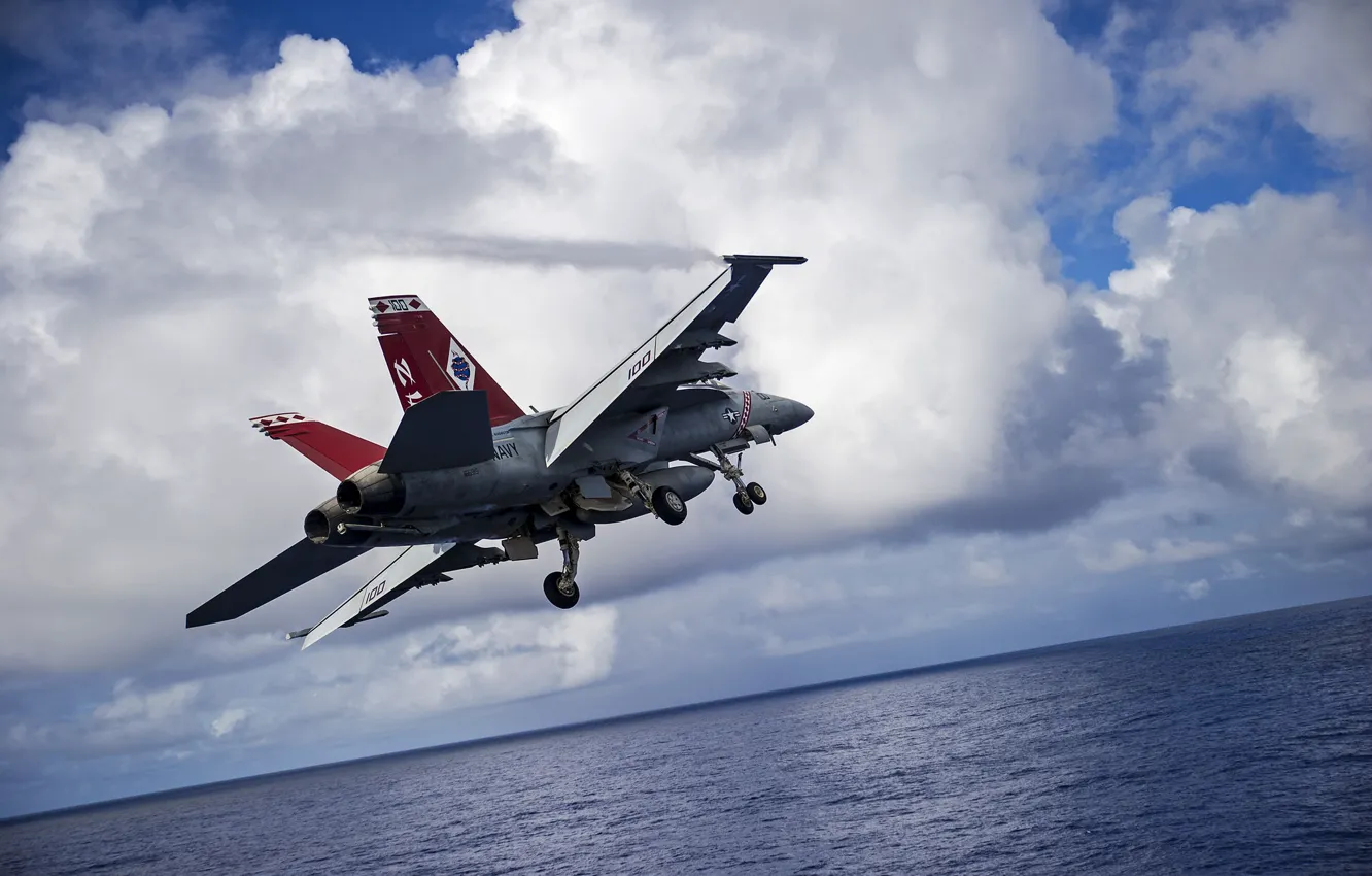 Фото обои море, истребитель, взлет, Super Hornet, палубный, FA-18F