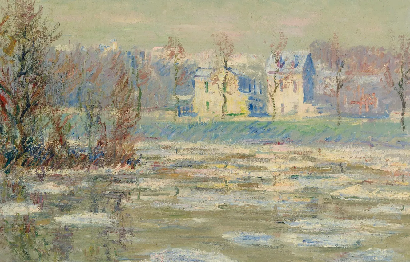 Фото обои пейзаж, река, дома, картина, Гюстав Луазо, Уаза Зимой, Gustave Loseau