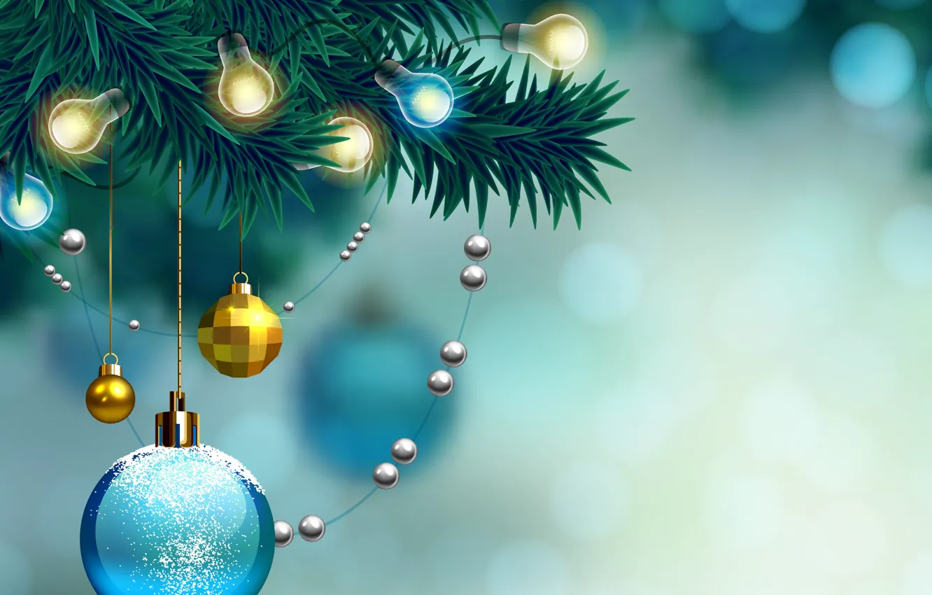 Фото обои фон, шары, елка, новый год, открытка