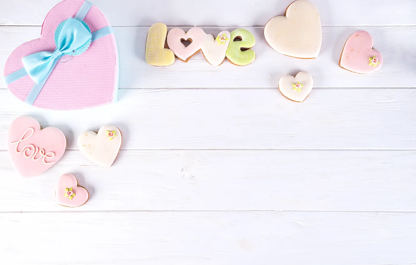 Фото обои коробка, подарок, сердце, love, heart, pink, romantic, cookies