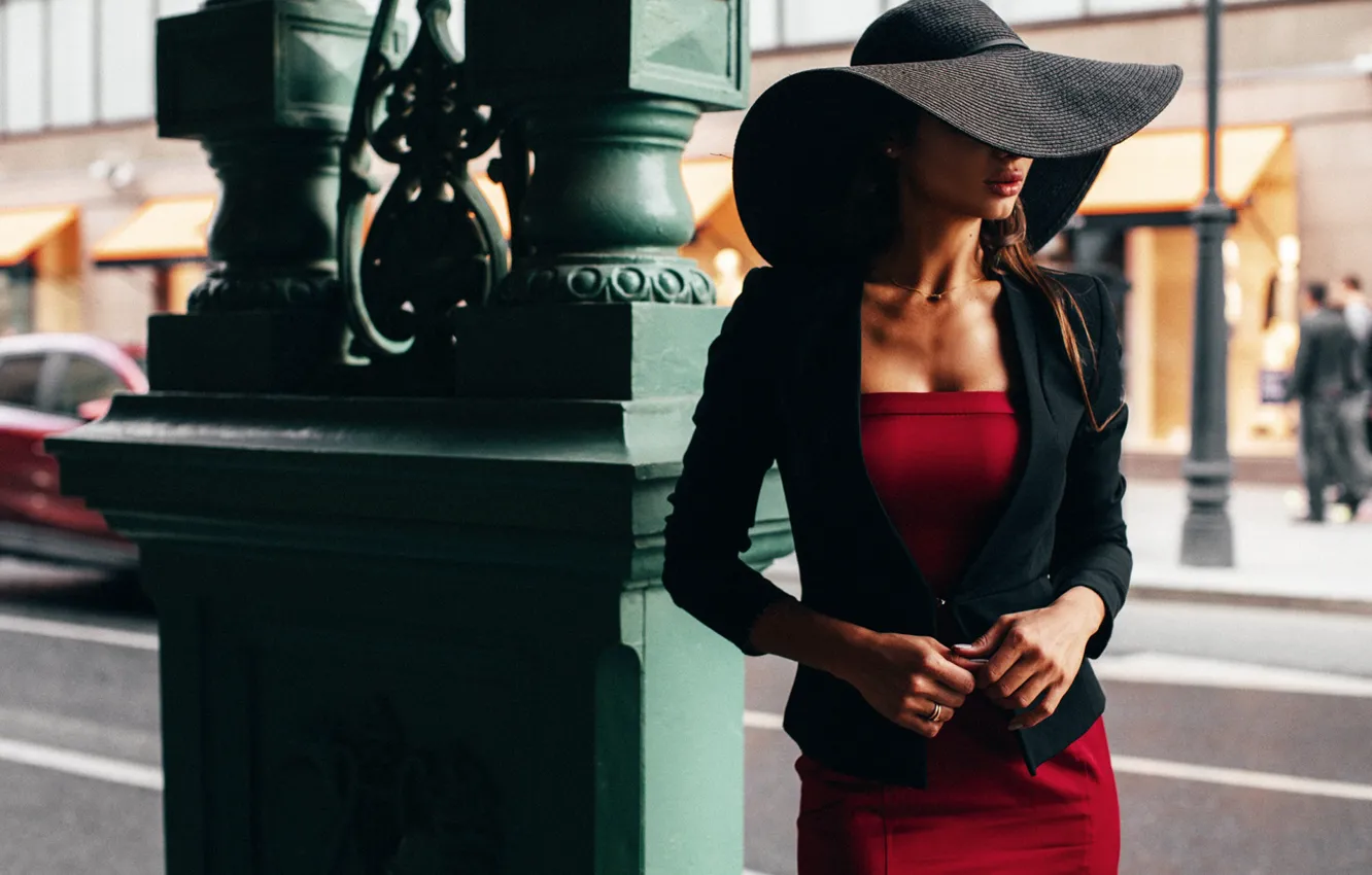 Фото обои стиль, модель, шляпа, красное платье, Daria Shy, Алексей Трифонов