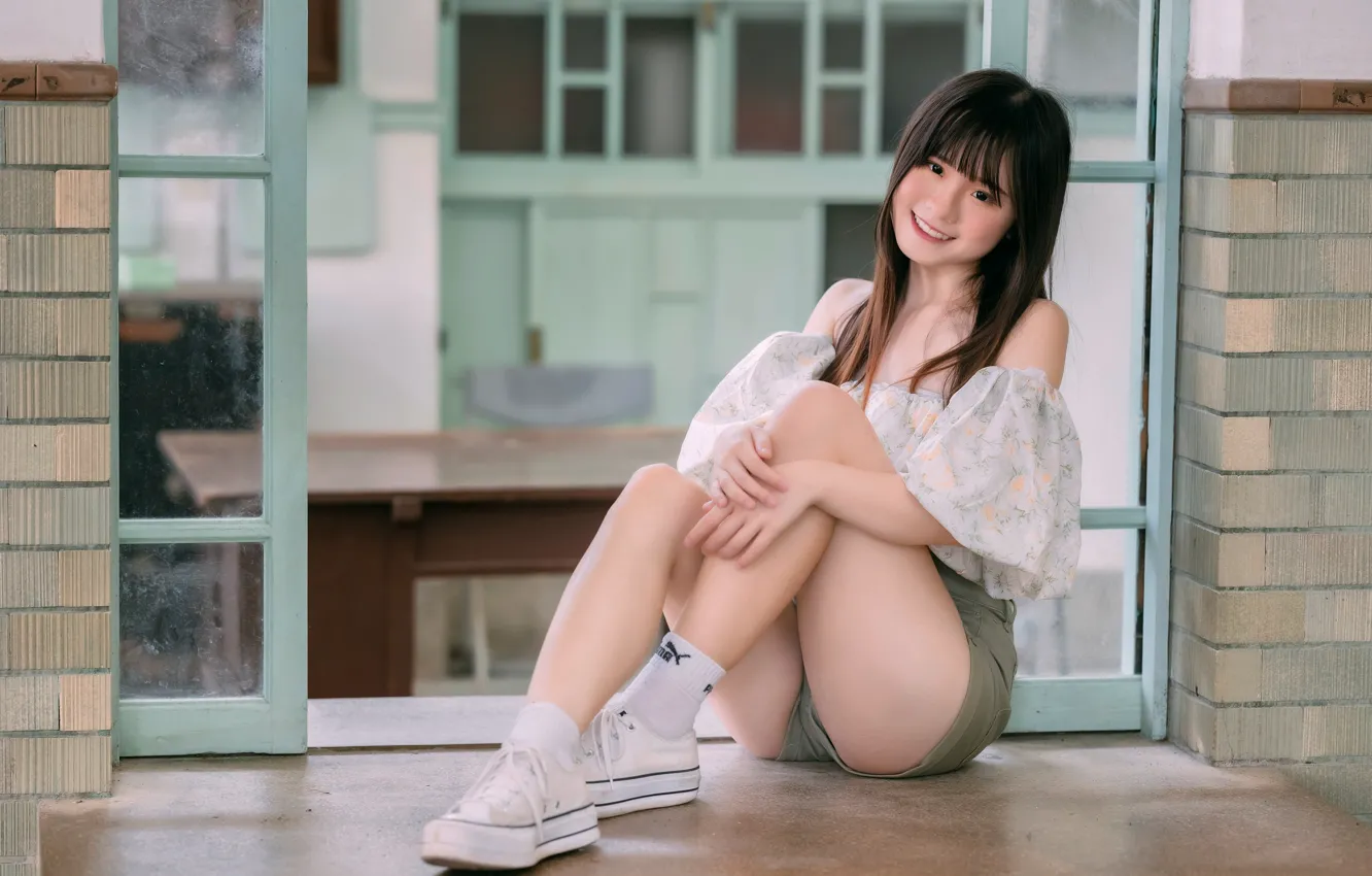 Фото обои улыбка, азиатка, красивая девушка, smile, beautiful girl, asian, slender legs, стройные ноги