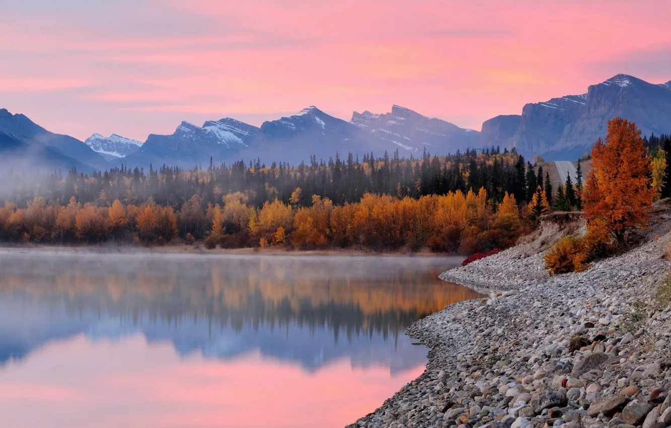 Фото обои осень, лес, озеро, Alberta, Canada, National park