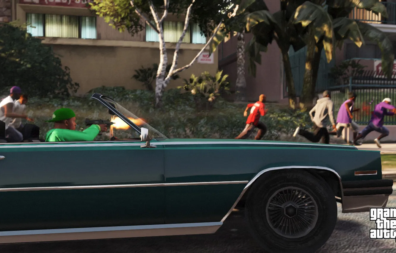 Фото обои машина, улица, банды, Grand Theft Auto V, Франклин, Grove Street, Ballas, Screenshots