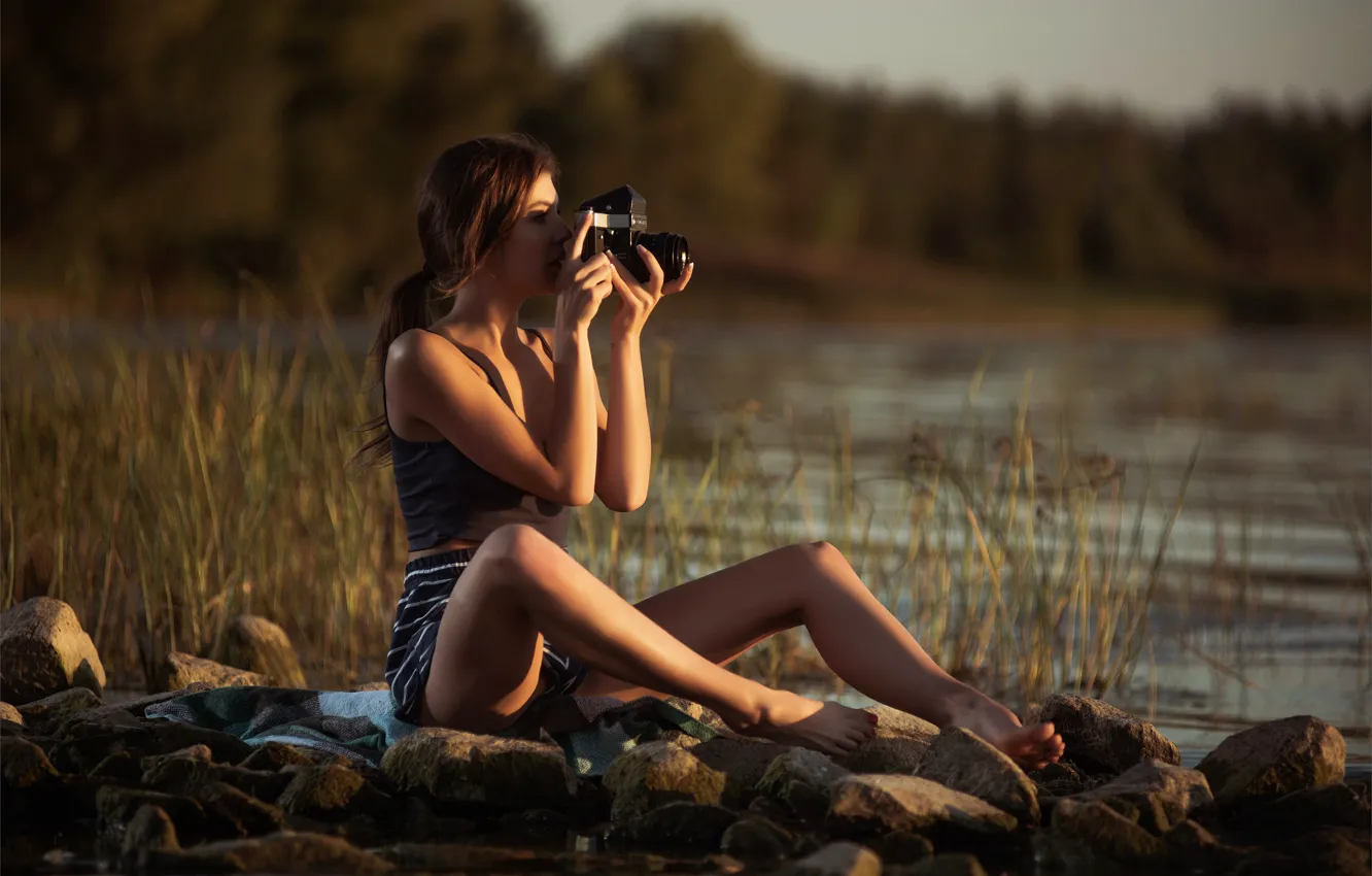 Фото обои forest, shorts, river, sky, hot girl, trees, nature, sunset