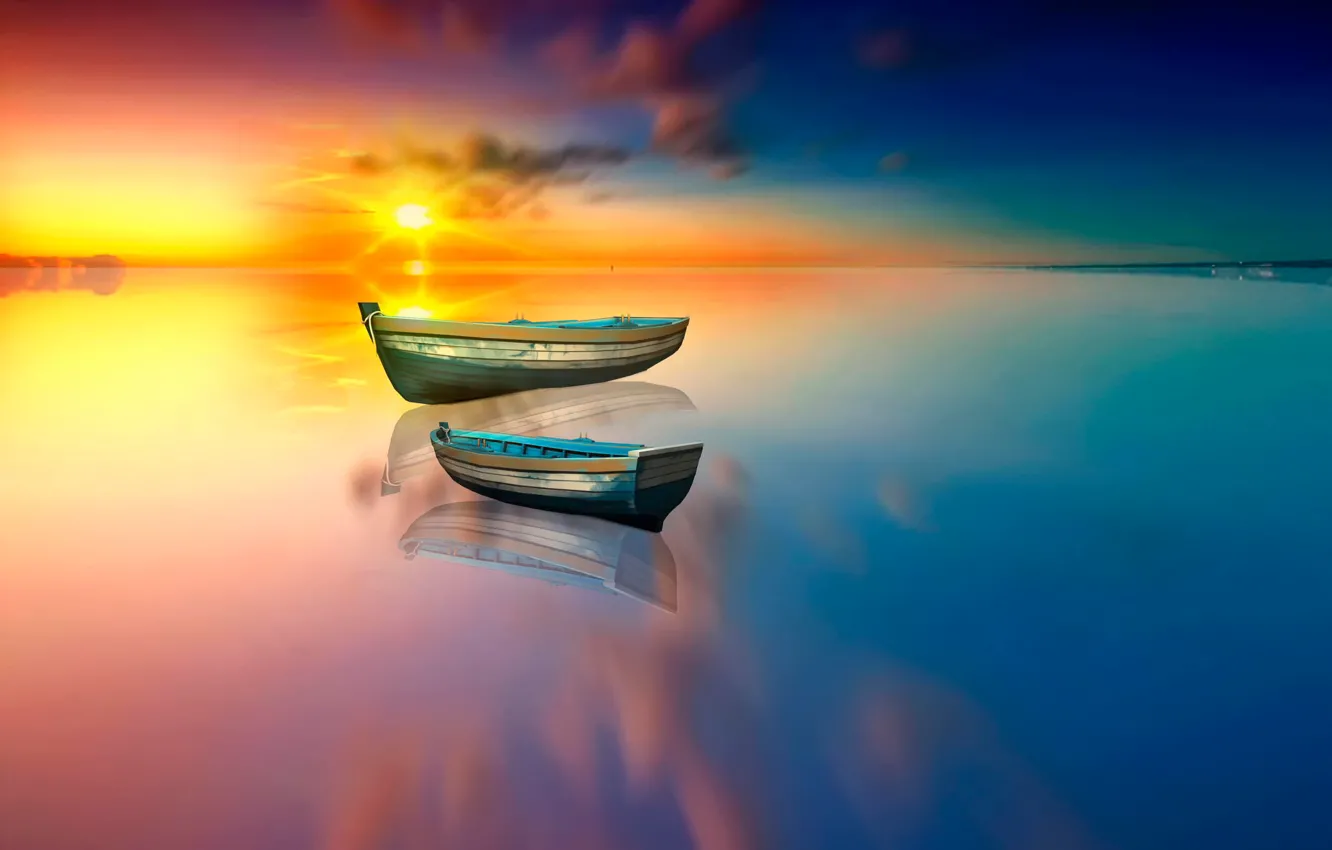 Фото обои солнце, озеро, отражение, лодки