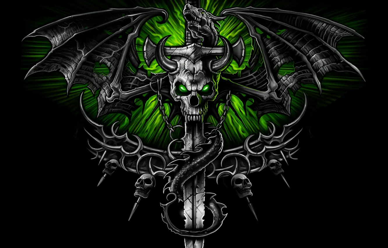 Фото обои skull, sword, wings, dragon, skeleton