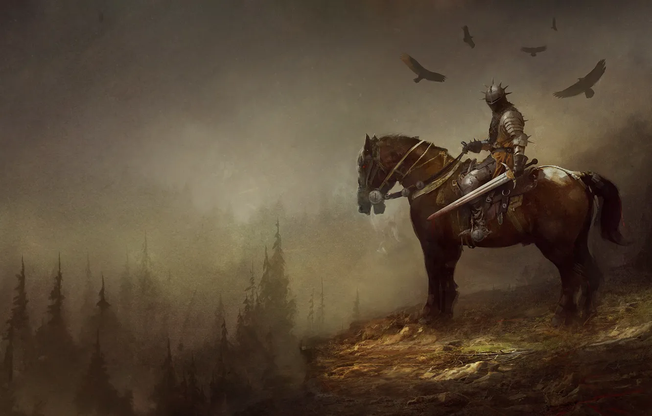 Фото обои Лошадь, Лес, Доспехи, Меч, Конь, Fantasy, Рыцарь, Фантастика