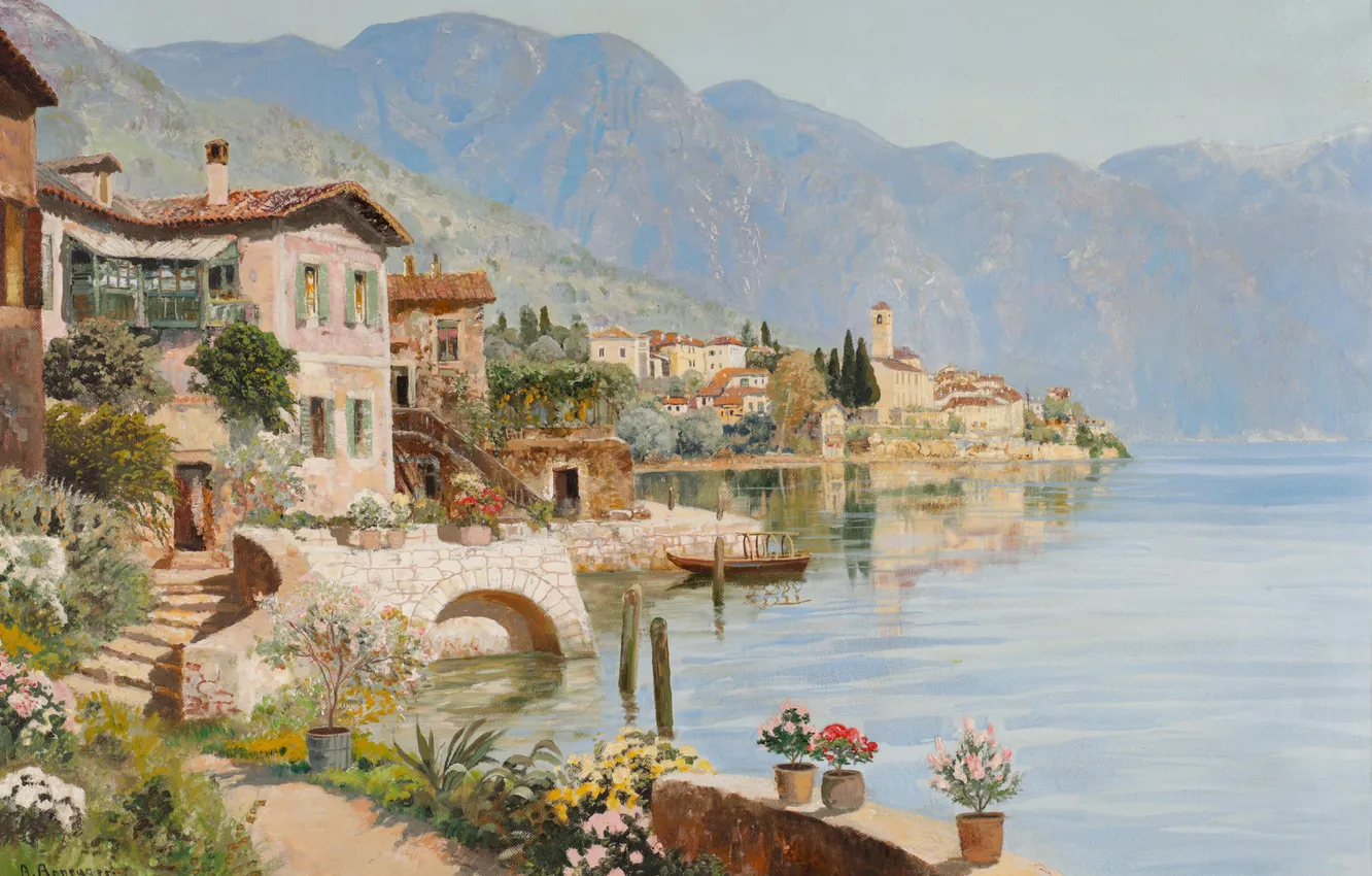 Фото обои Дома, Озеро, Деревья, Гора, Картина, Alois Arnegger, Алоис Арнеггер, Австрийский живописец