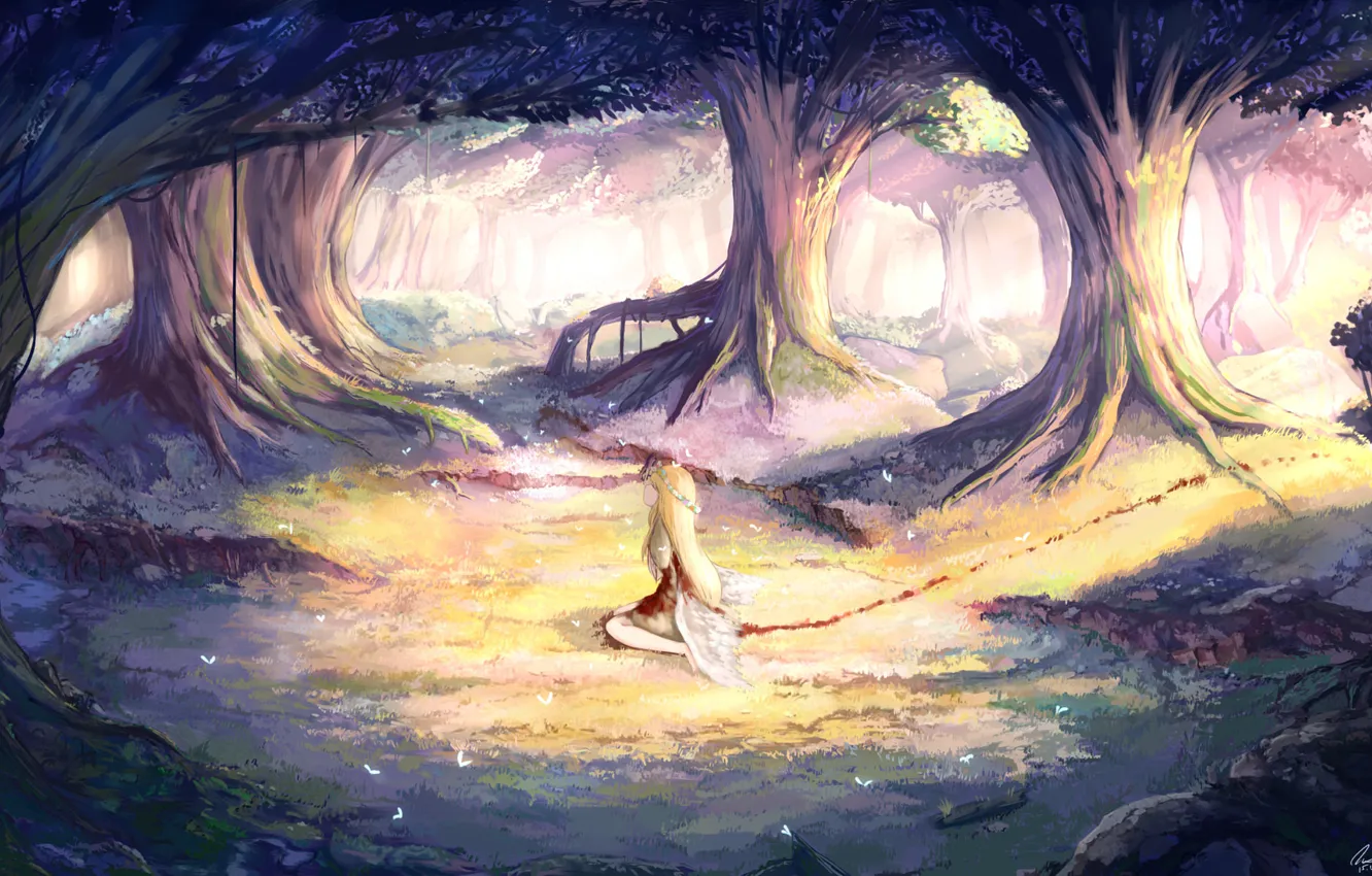 Фото обои лес, девушка, деревья, природа, кровь, крылья, ангел, аниме