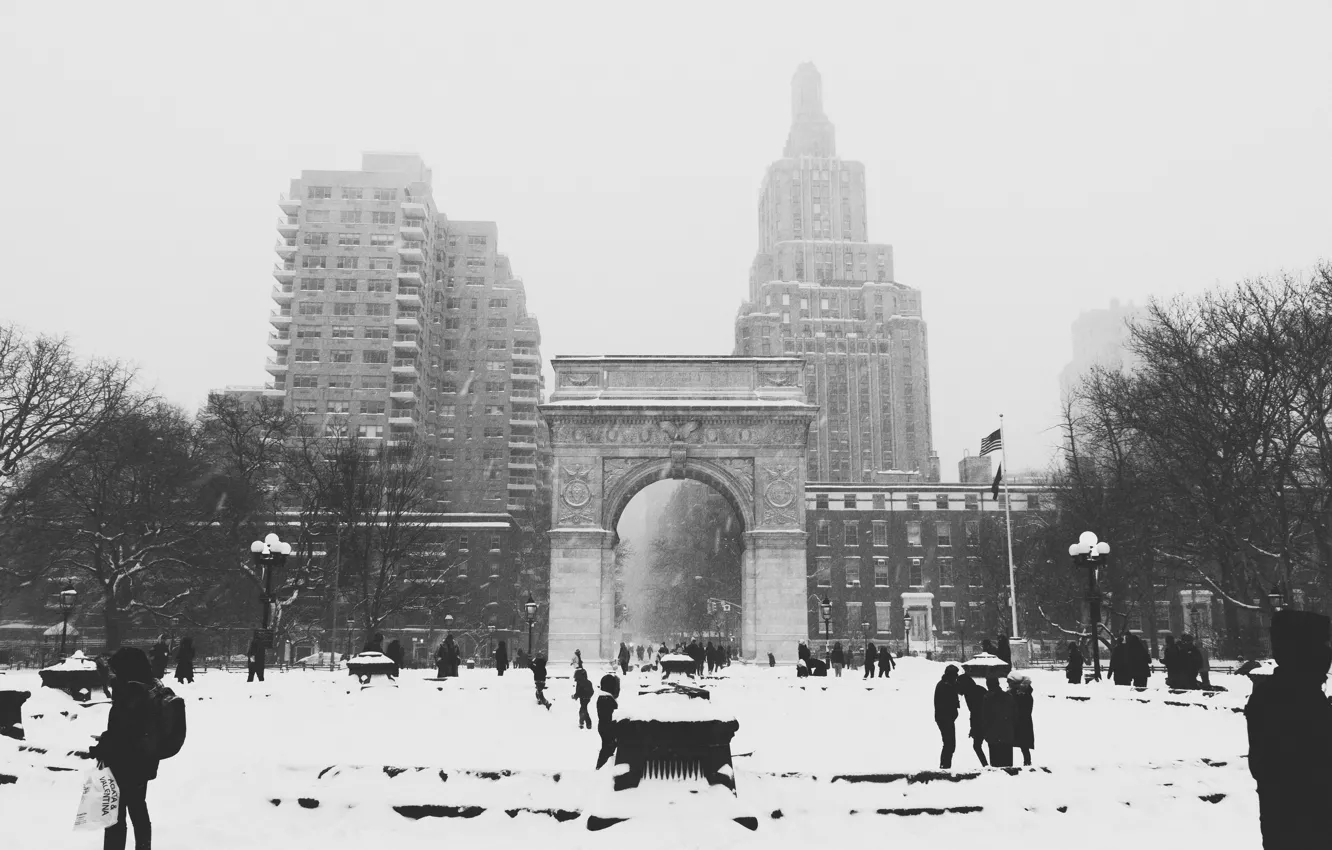 Фото обои USA, United States, Washington Square Park, blizzard, New York, Manhattan, NYC, New York City