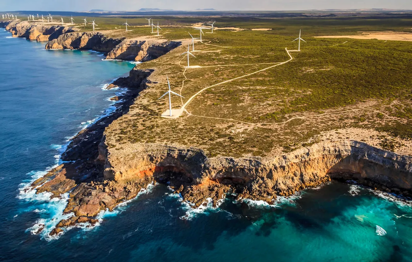 Фото обои море, берег, Австралия, ветряная мельница, електроветрогенератор, Порт-Линкольн