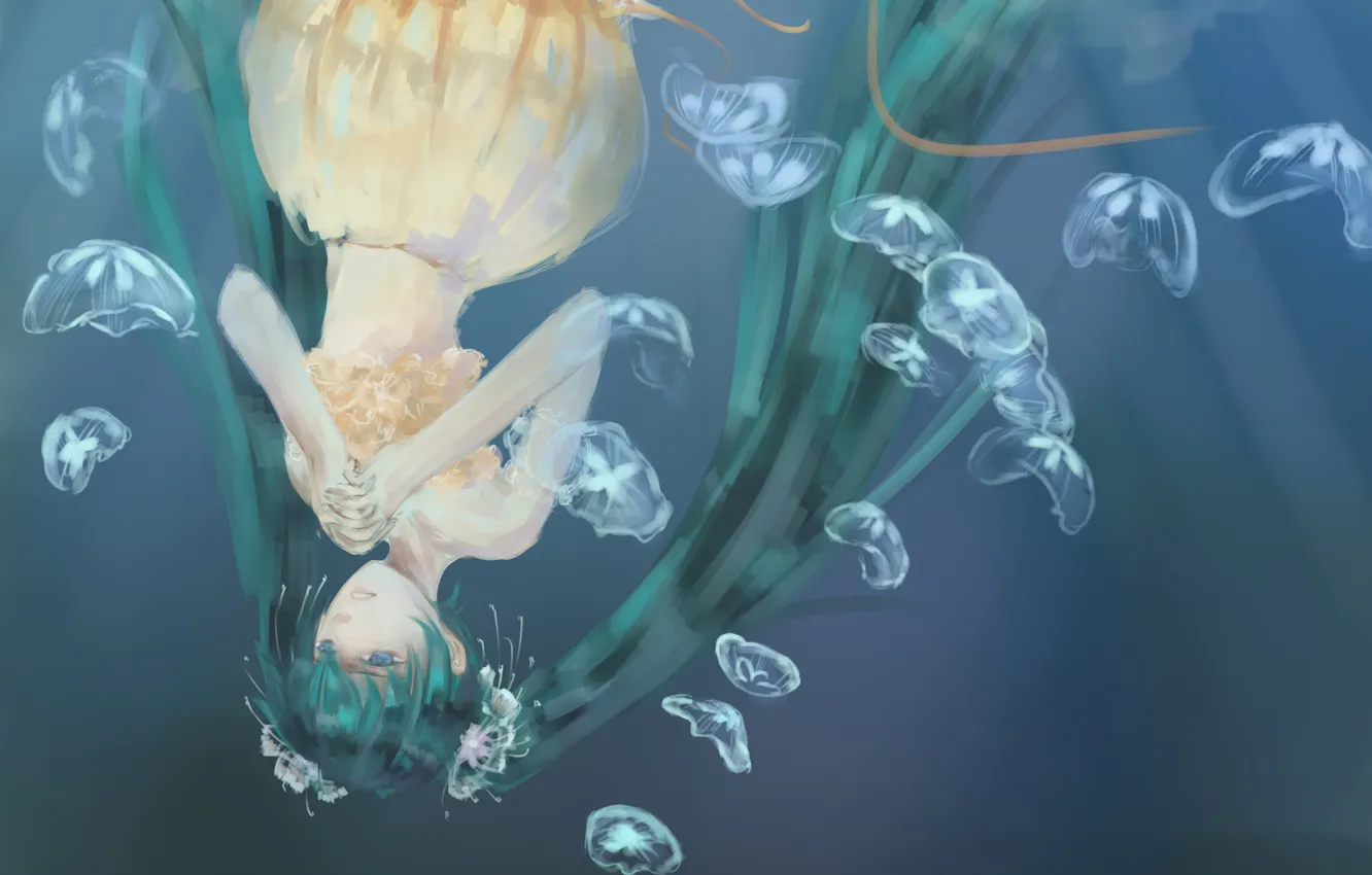 Фото обои вода, девушка, медузы, vocaloid, hatsune miku, зеленые волосы