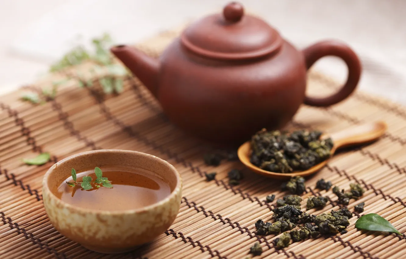Фото обои листья, чай, чайник, ложка, чашка, заварка, циновка