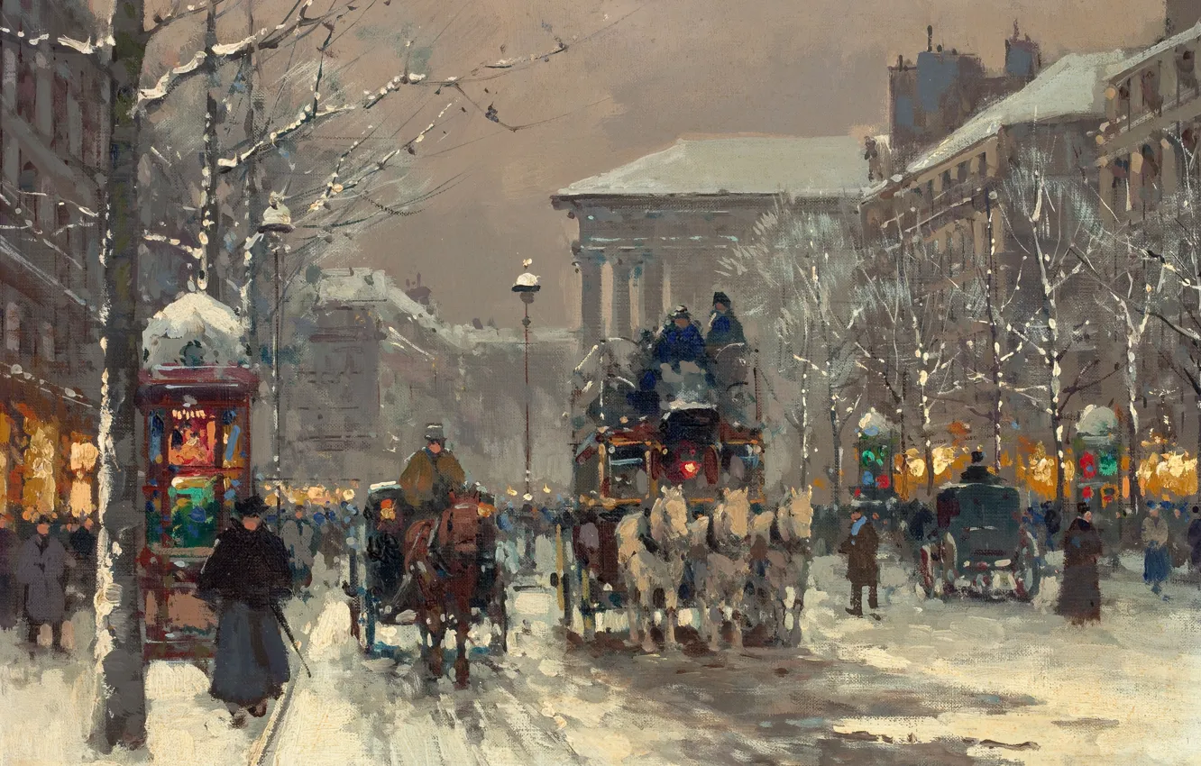 Фото обои зима, Париж, winter scene in Paris 1930's, Edouard Cortes