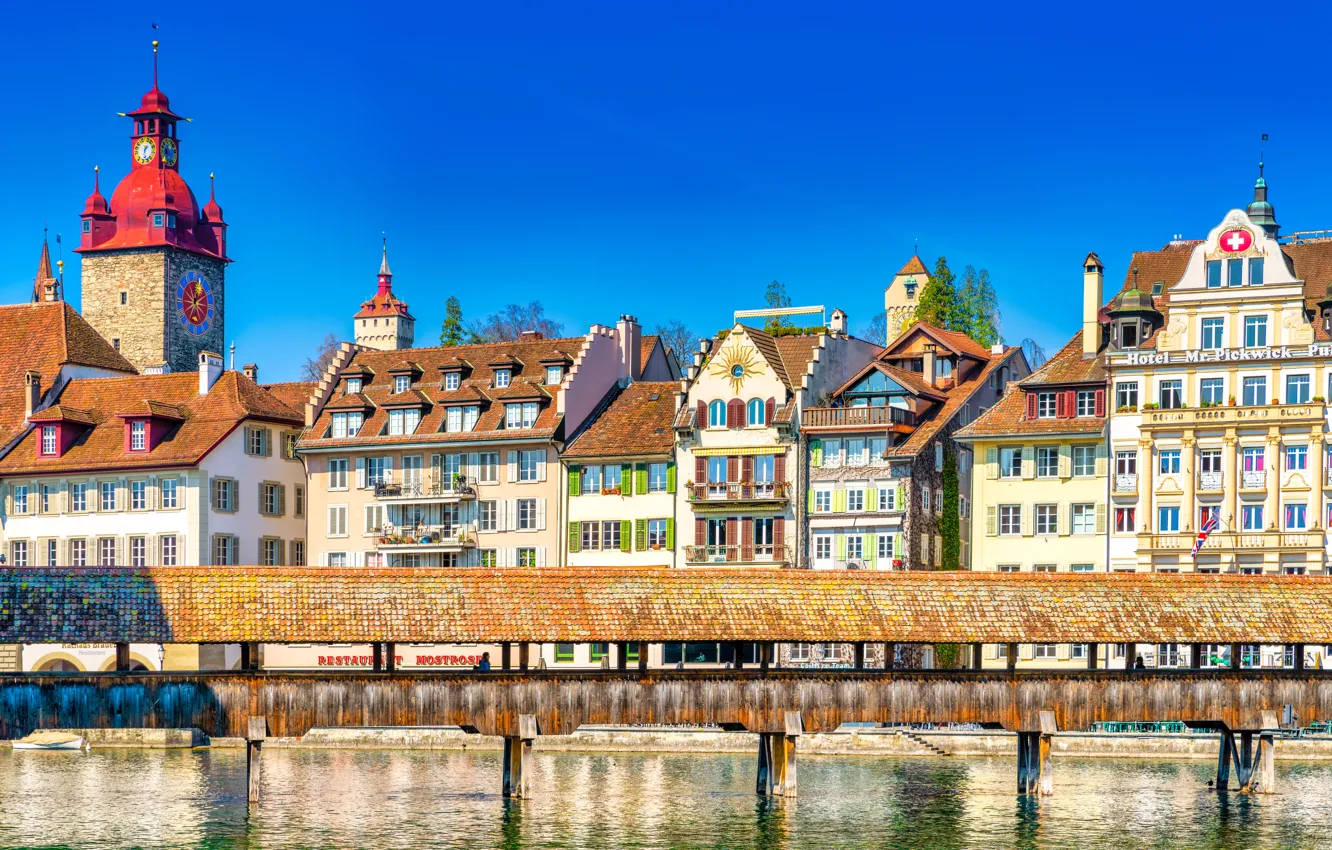 Фото обои мост, река, здания, дома, Швейцария, Switzerland, Люцерн, Lucerne