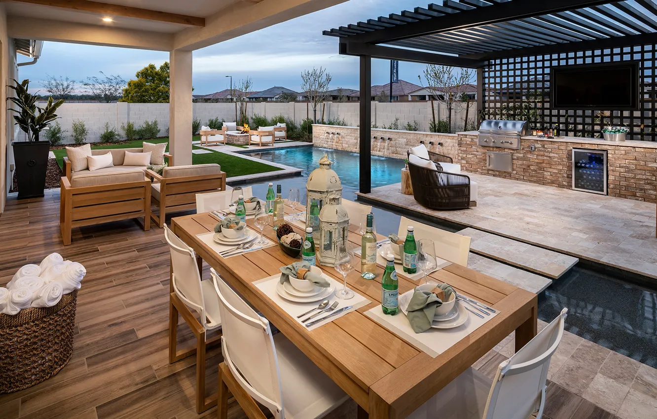 Фото обои интерьер, бассейн, Аризона, терраса, столовая, гриль, luxury home in Queen Creek, элитный дом в Квин …