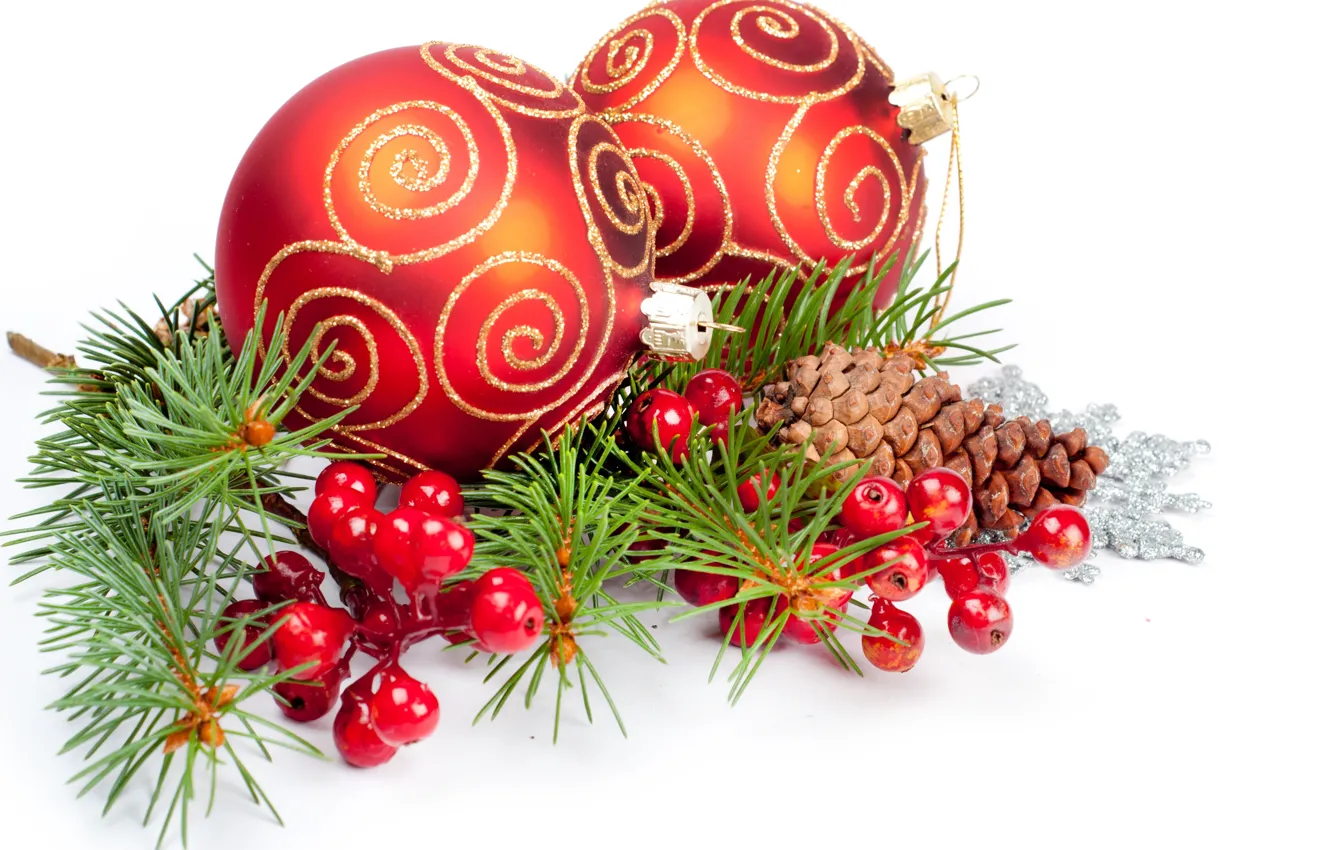 Фото обои ягоды, шары, узоры, игрушки, ель, Новый Год, Рождество, красные