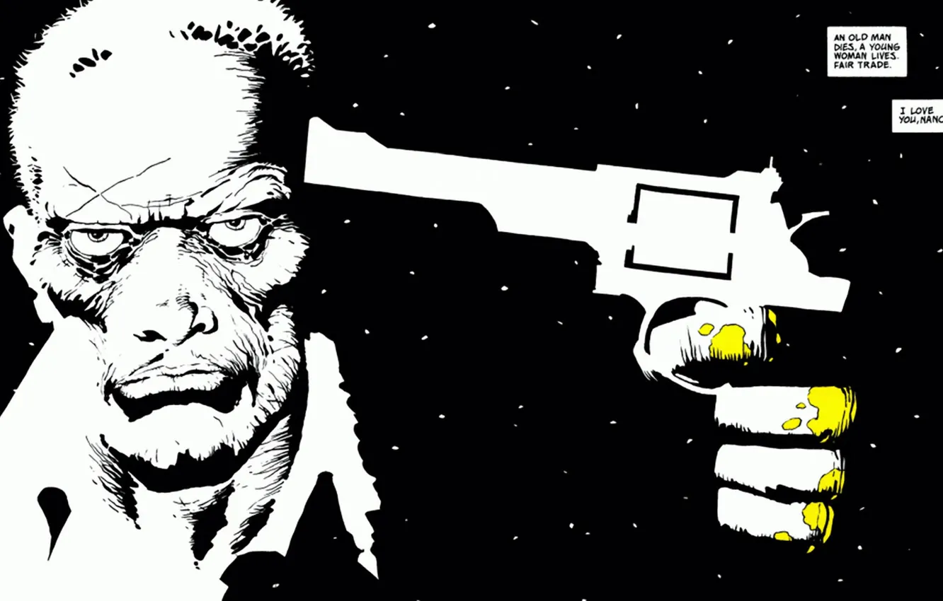 Фото обои белый, пистолет, черный, минимализм, Sin City, цитата, комикс, Город Грехов