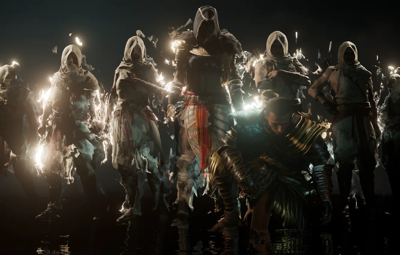 Фото обои assassins, standing, arms crossed, hoods, video game characters, assassin creed origins