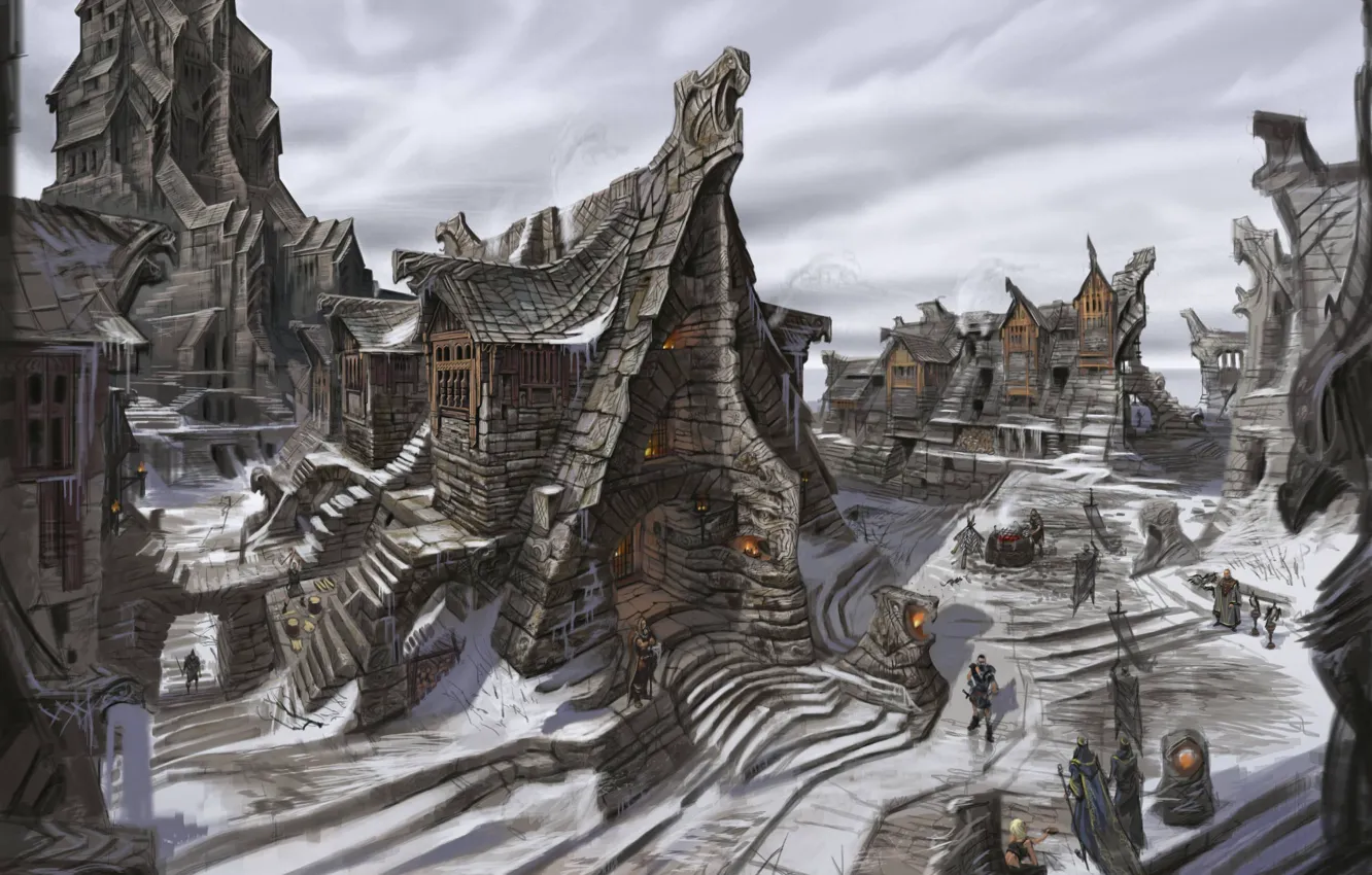 Фото обои зима, снег, город, люди, Skyrim, concept art, The Elder Scrolls V, Виндхельм