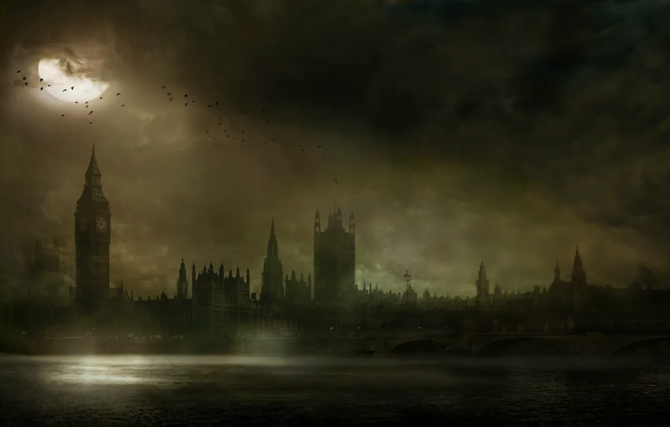 Фото обои ночь, мост, река, Лондон, башня, Темза, Биг-Бен, The Testament of Sherlock Holmes