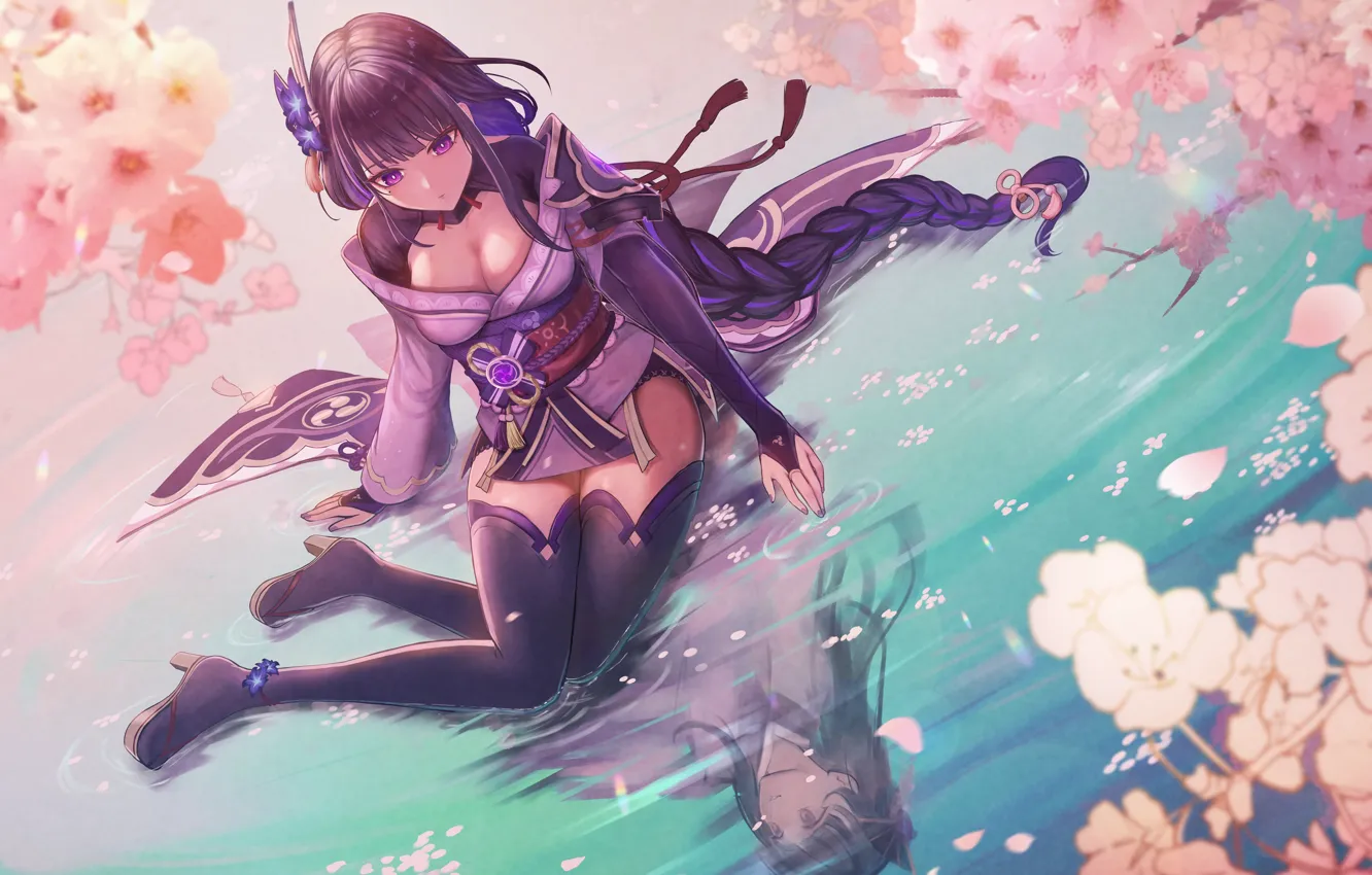 Фото обои вода, цветы, отражение, Genshin Impact, Raiden Shogun, Raiden Makoto