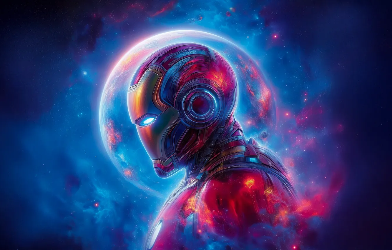 Фото обои космос, сфера, Железный человек, Iron Man, супер герои, digital art, марвел комикс