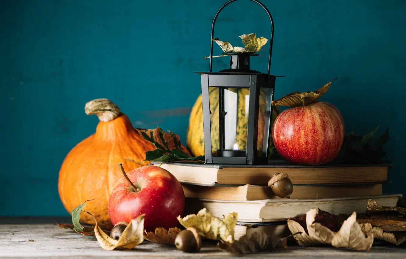 Фото обои осень, листья, яблоки, книги, тыква, осенние плоды